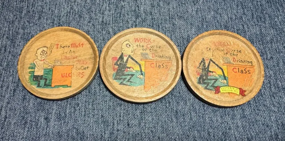Vintage Set of 3 1950S Funny Sayings Wood Drink Coasters